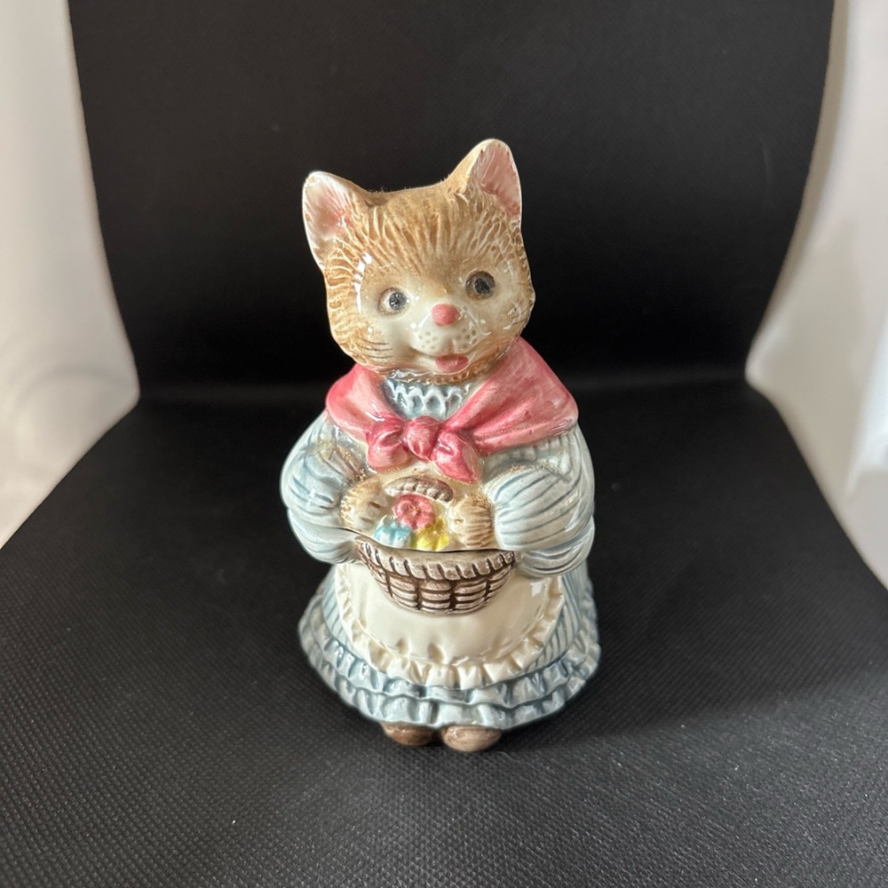 Otagiri Sugar Bowl Kitty Cat Flower Basket Ceramic Japan Cottagecore Vintage